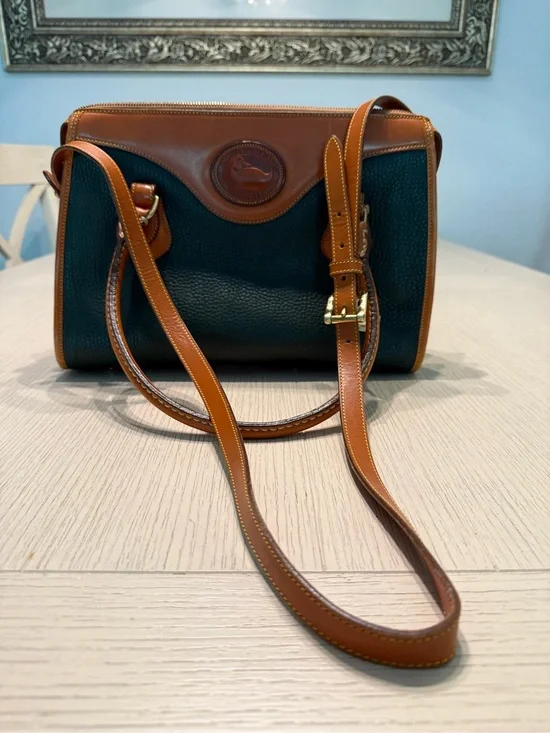 Vintage Dooney & Bourke Green Pebble Leather Crossbody with Brown Trim