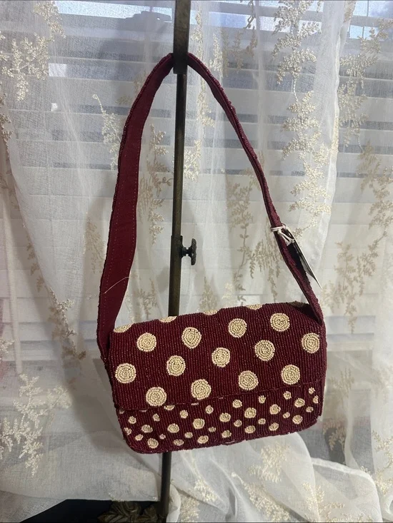 Sol and Mer wine colored cream polka dots beaded shoulder bag