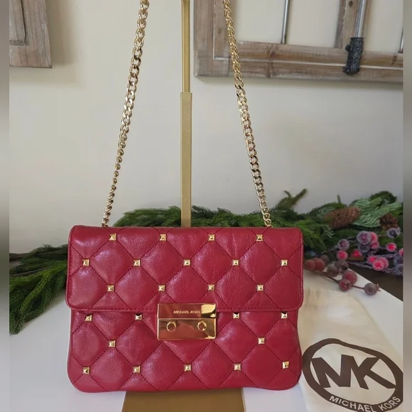 Michael Kors Sloan Quilted Leather Shoulder Bag- Red- Gold Chain Strap- Like New