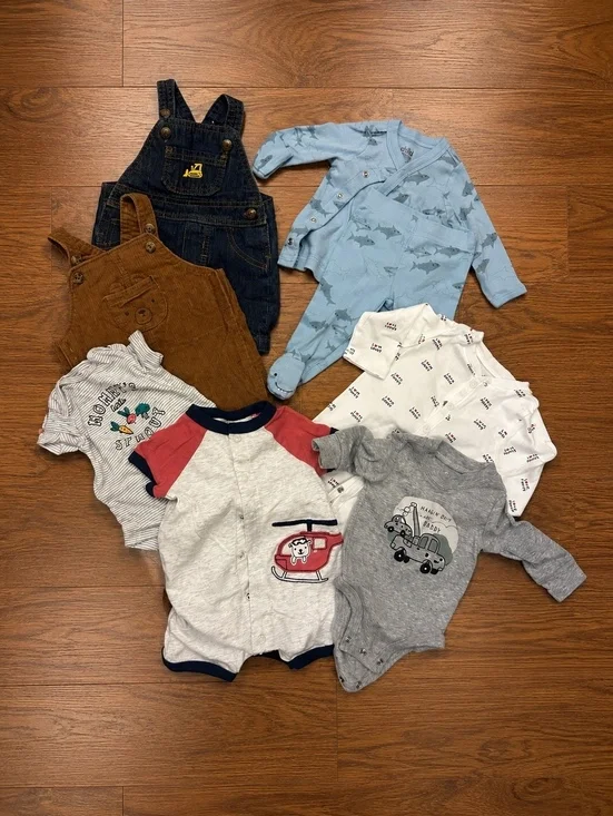 Baby Boy 0-3M Clothes Bundle Overalls Tractor Bear Shark Pajamas Daddy 8 Piece