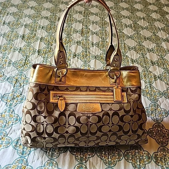 Coach Penelope Signature C Jacquard Metallic Gold Leather Tote Bag F15533