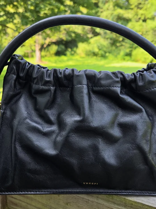 Yuzefi Black Leather Gathered Top Handle Bag