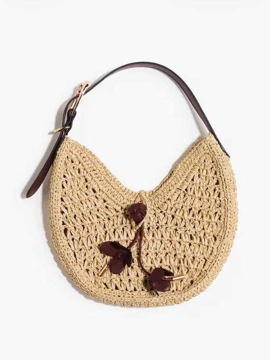 H&M Natural Straw Crescent Shoulder Bag with Dark Brown Trim