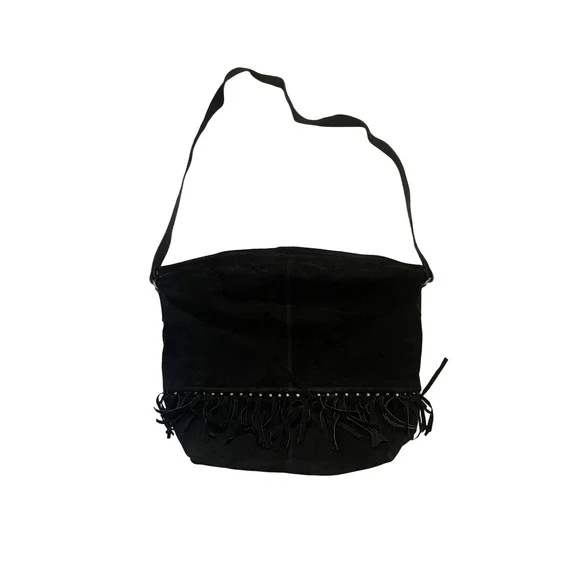 Black Genuine Suede Fringe Hobo Bag Studded Western Boho Shoulder Bag