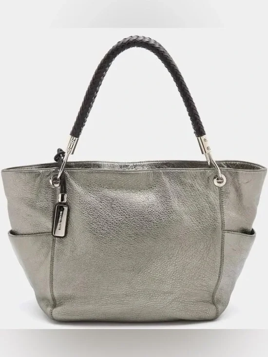 Michael Kors Skorpios Metallic Silver Leather Tote Bag Purse with Braided Handle