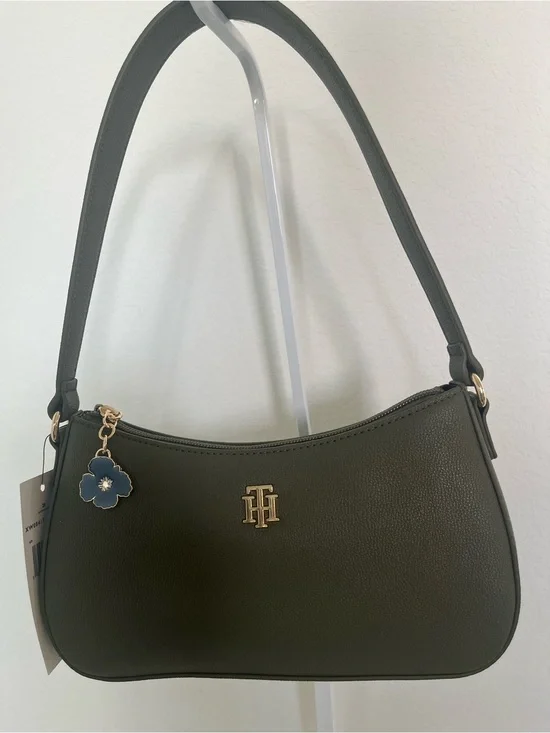 Tommy Hilfiger Olive Shoulder Bag with Gold Logo and Charm