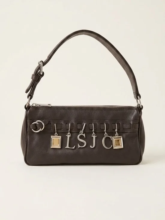 Vintage Brown Leather Shoulder Bag with Letter Charms