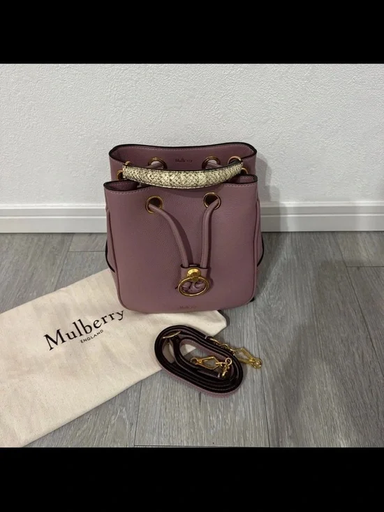 Mulberry Mauve Leather Drawstring Bucket Bag with Braided Handle