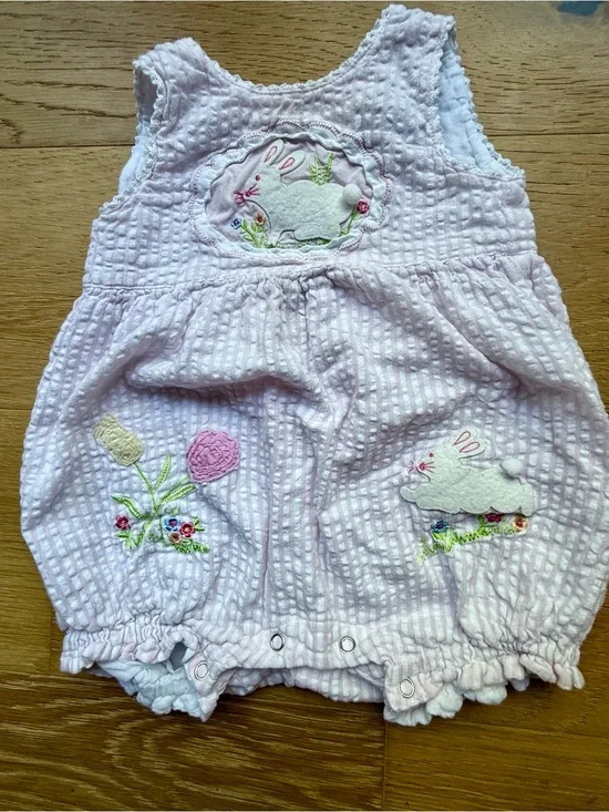 Vintage Cotton Kids 9M Pink Seersucker Bunny Romper Easter Applique Bubble 90s