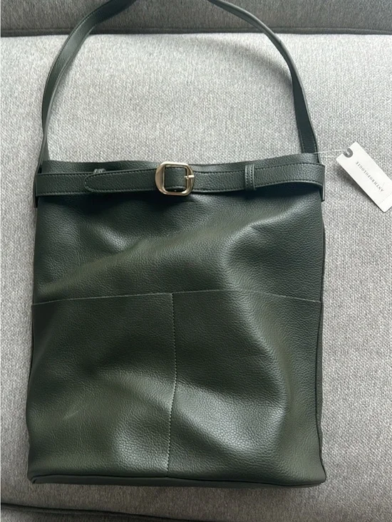 Anthropologie Dark Green Leather Shoulder Bag with Buckle