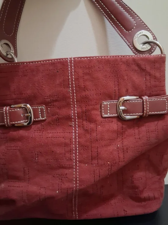 Tommy Hilfiger Red Suede Shoulder Tote with Buckle Accents