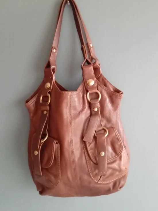 Brown Leather Hobo‎ Shoulder Bag with Front Pockets and Brass Hardware