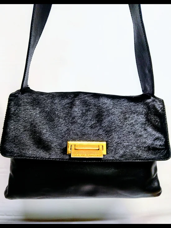 Black Leather and Haircalf Shoulder Bag with Gold Hardware From Adrienne Vittadi