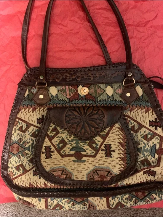 Bohemian Woven Pattern Leather-Trim Tote Bag - Brown & Multi