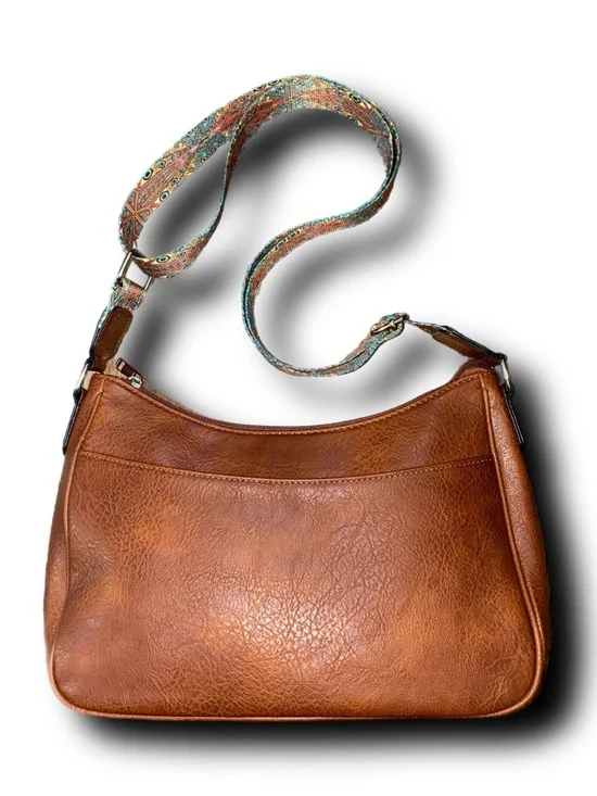 Brown Faux Leather Shoulder Bag with Boho Patterned Guitar Style Strap Fall