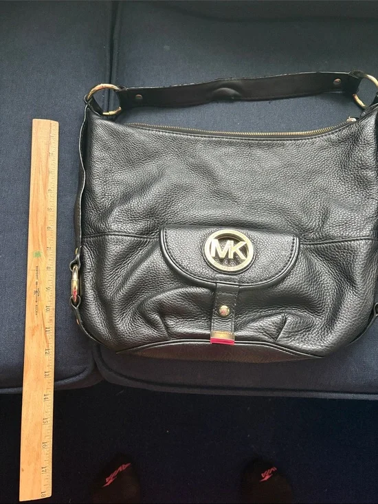 Michael Kors Black Pebbled Leather Shoulder Bag with Gold MK Logo