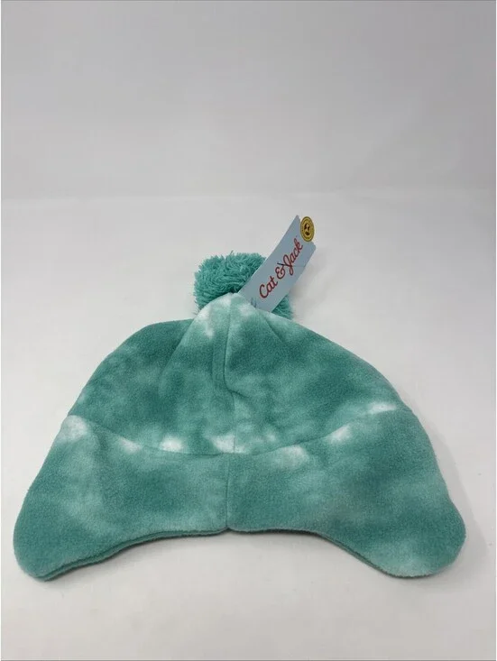 Cat & Jack Aviator Fleece Hat OSFM Teal/White Clouds Pom Pom Ear Flaps A34