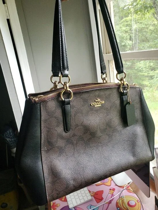 Coach Signature Brown & Black Large Satchel Shoulder Bag Gold Hardware