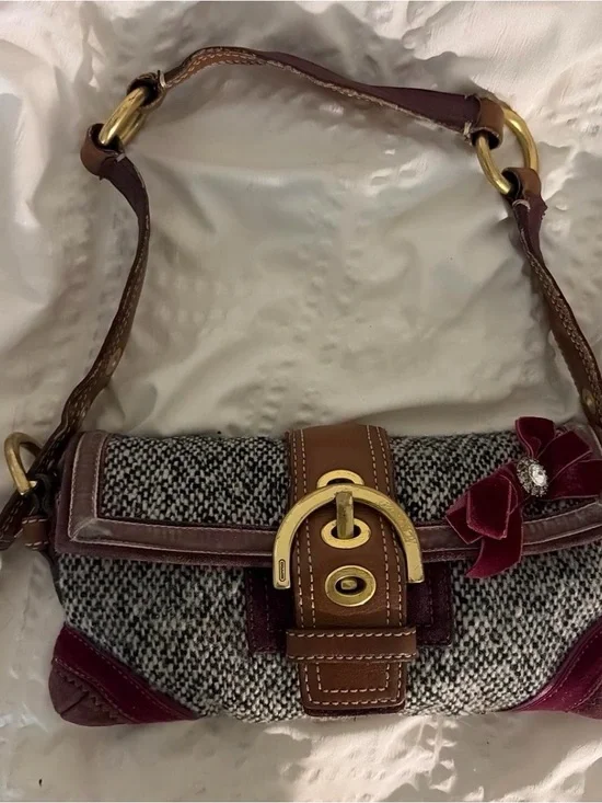 Coach Brown Leather & Burgundy Tweed Shoulder Bag with Gold Hardware