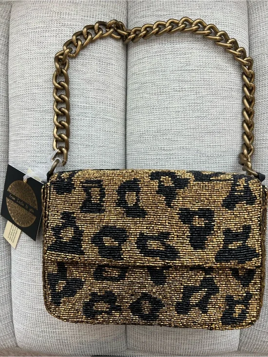 New Release Leopard Beaded Shoulder Bag with Gold Chain NWT