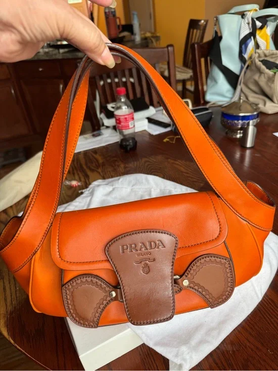 Prada Orange Leather Shoulder Bag with Brown Trim