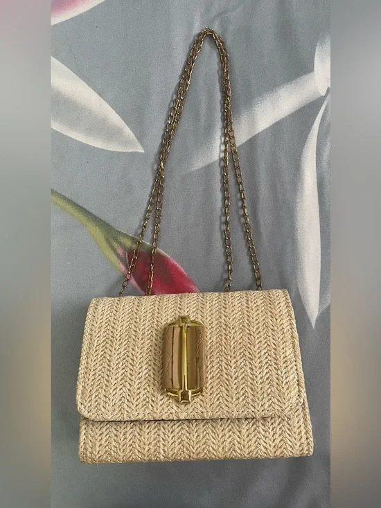 Woven Straw Crossbody Bag with Gold Chain