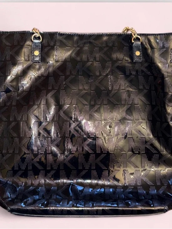 Michael Kors Black Patent MK Logo Tote with Gold Chain Accents