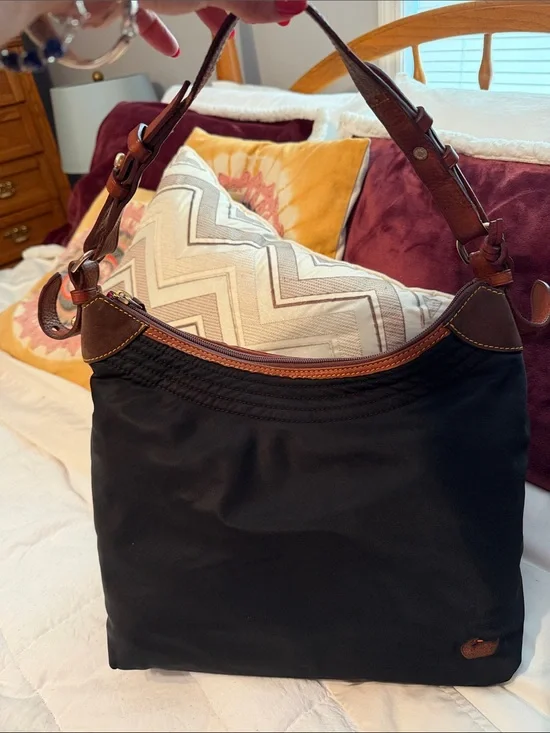 Dooney & Bourke large Erika black nylon quilted shoulder bag with tan leather