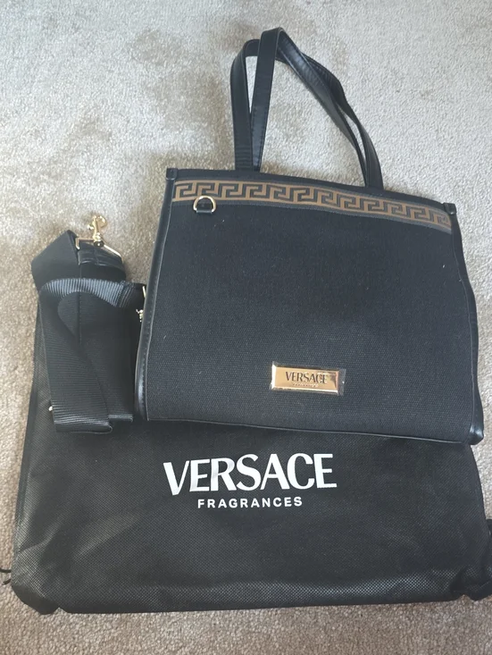 NIB Versace Parfums Black Gold Greek Key Crossbody Bag with Dust Bag