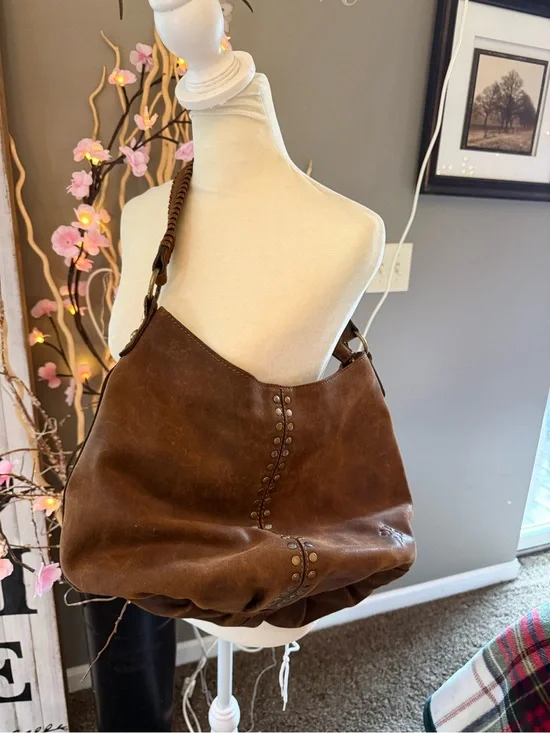 Patricia Nash Brown Distressed Leather Shoulder Hobo with Braided Strap