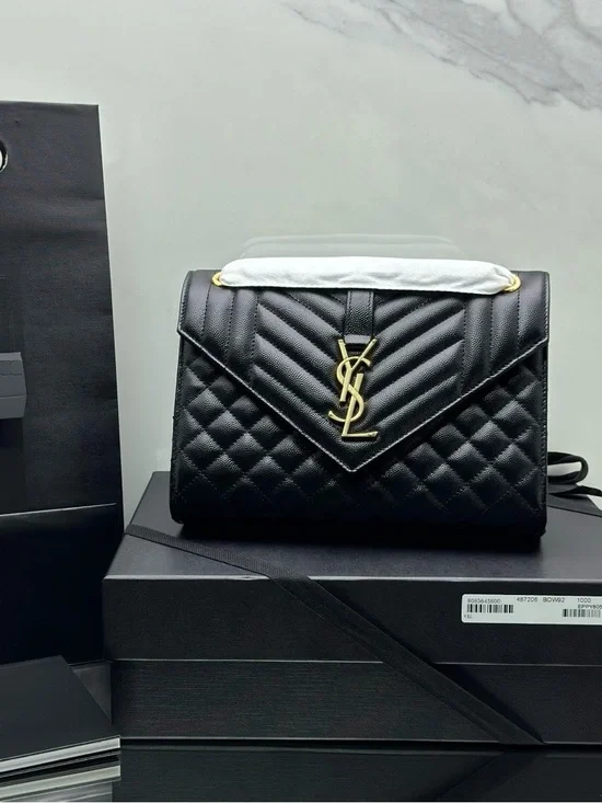 Saint Laurent Black Quilted Leather Shoulder Bag with Gold YSL Logo