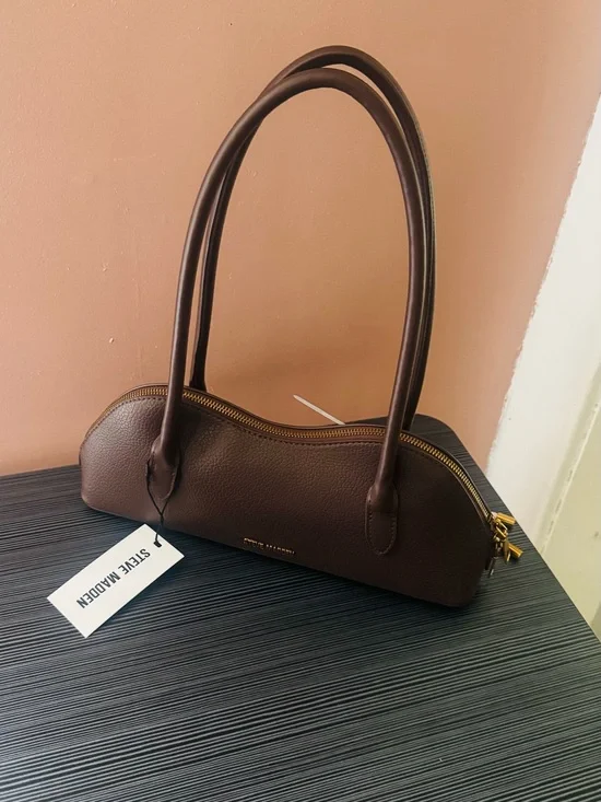 Steve Madden Dark Brown Pebbled Leather Shoulder Bag with Gold Hardware