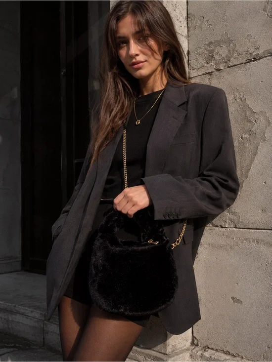 NWT Anthropologie Faux Fur Mini Hobo Bag in Black, Gold Hardware