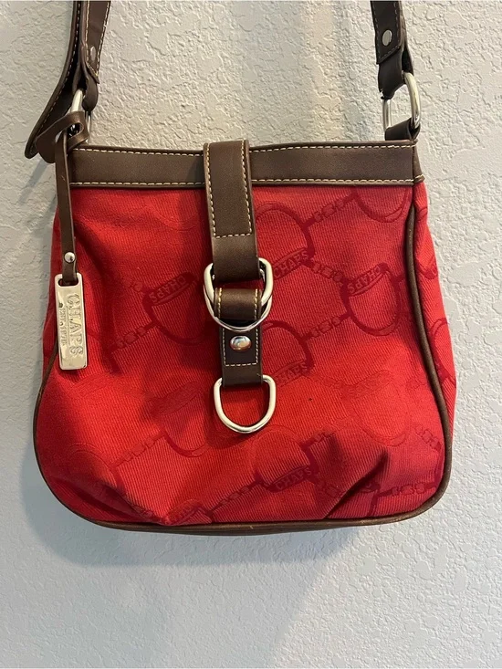 Chaps Red Shoulder Bag with Brown Trim and Buckle Detail