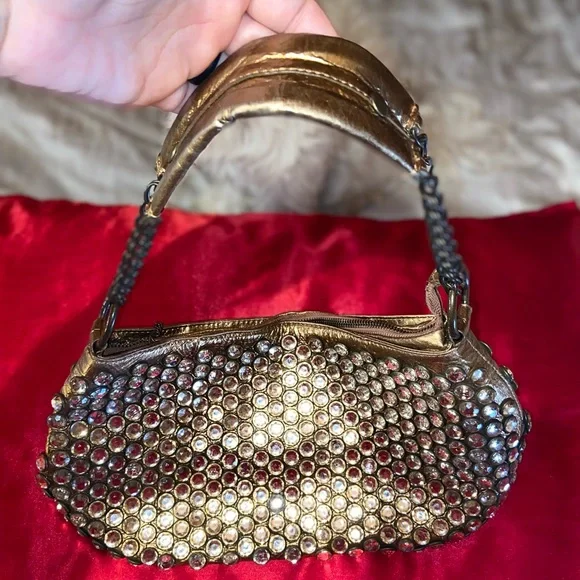 Betsey Johnson Gold Jeweled Shoulder Bag with Red Accents