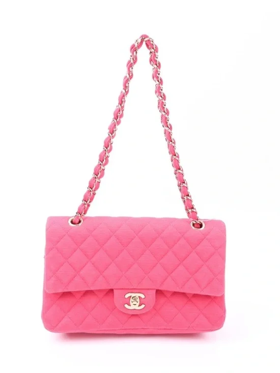 Chanel Classic Double Flap Medium Pink Jersey Gold Hardware Shoulder Bag