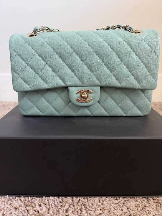 22C CHANEL Medium Classic Flap Light Green with Gold Hardware