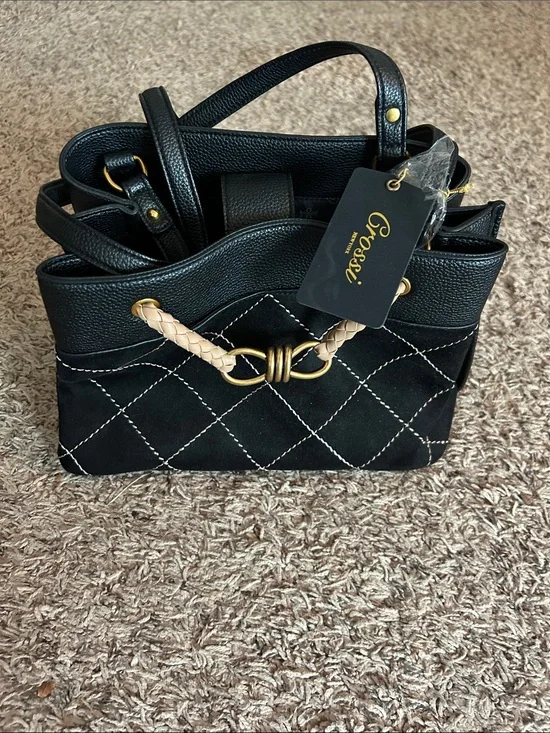 Black Quilted Shoulder Bag with Tan Braided Accent