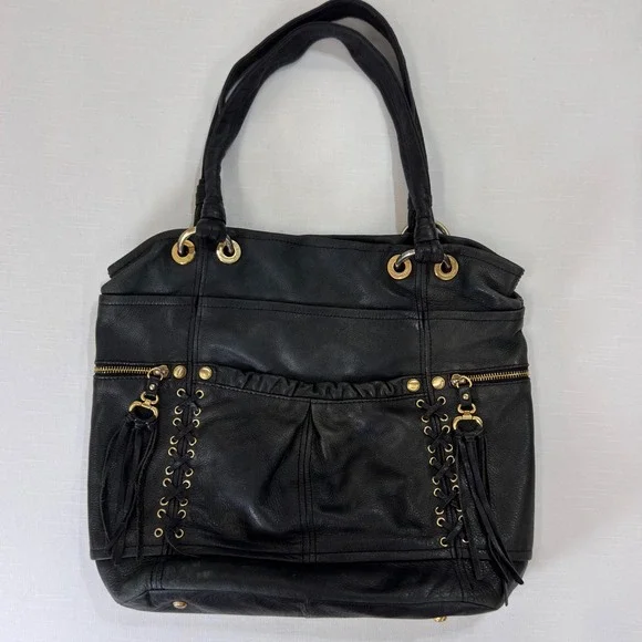 B. Makowsky Black Leather Shoulder Bag Lace Up Tassel Gold Hardware Tote