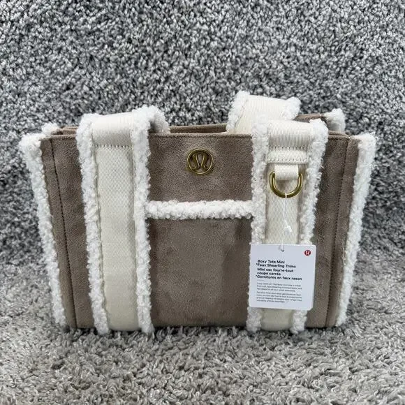 lululemon Boxy Mini Tote Bag Faux Shearling Trim Brown Ivory NWT