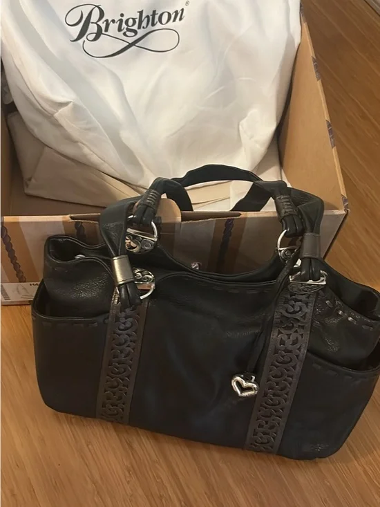 Brighton Black and Dark Brown Leather Shoulder Bag with Heart Charm