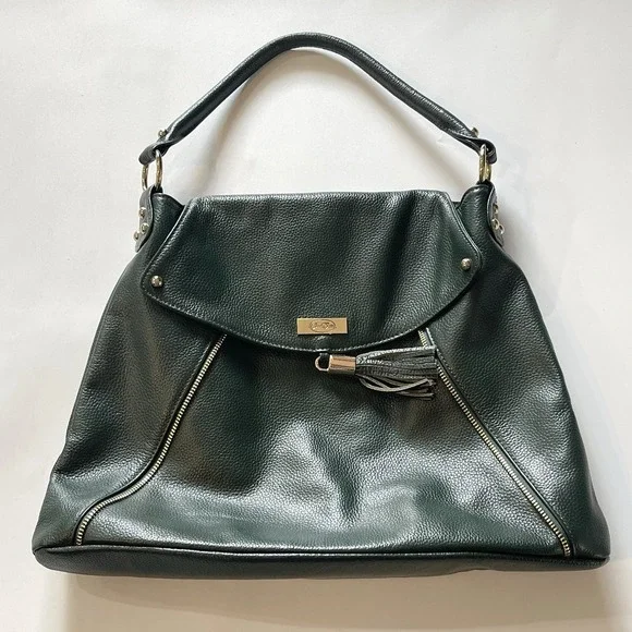 Onna Ehrlich Kelly Hobo Shoulder Bag Hunter Green Pebbled Leather Purse Tassel