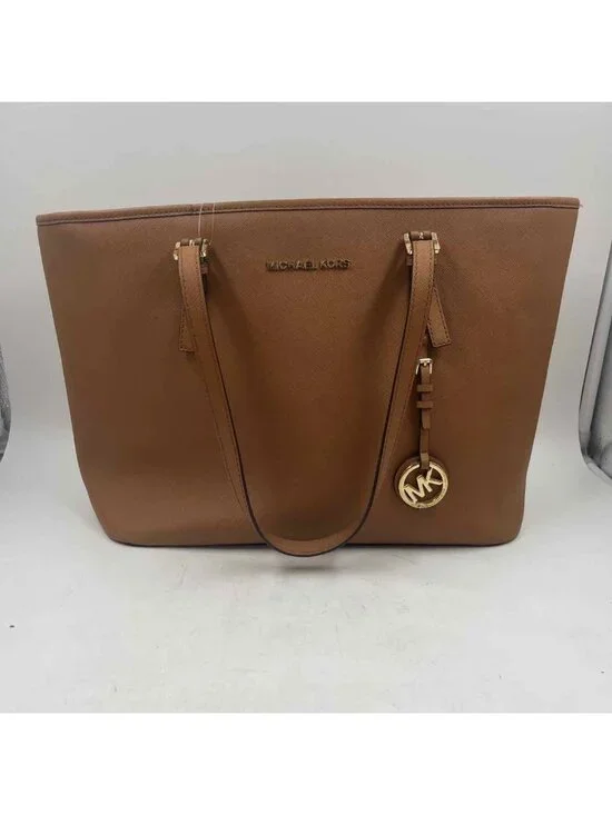 Michael Kors Saffiano Jet Set Women Tote Brown Leather Caramel Luxe Solid Purse
