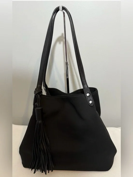 Marla Wynne Tote Bag Black Neoprene with Leather Trim Adjustable Sides & Tassel