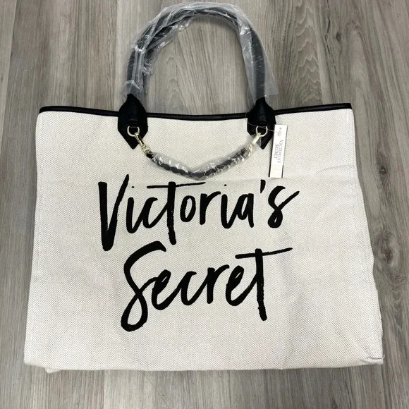 Victoria's Secret‎ Cream Canvas Logo Tote Bag One Size NWT