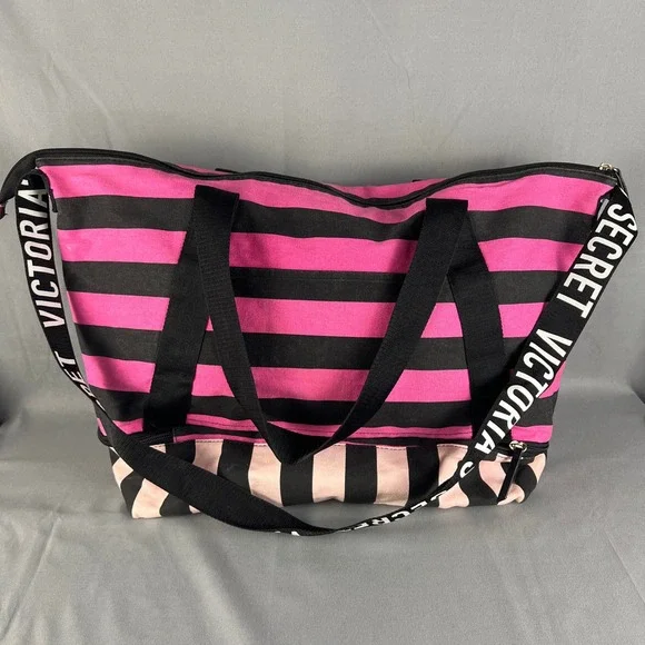 Victoria's Secret Weekender Tote Bag Women Black Pink Striped Bottom Zip Storage