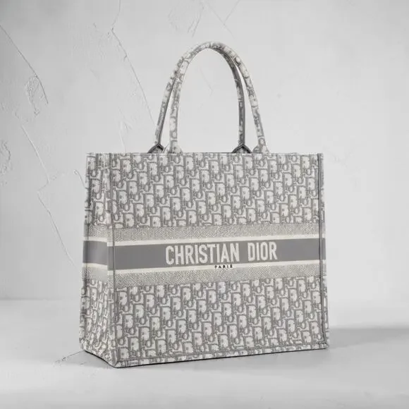 DIOR Large Dior Book Tote Gray White Oblique Canvas MINT
