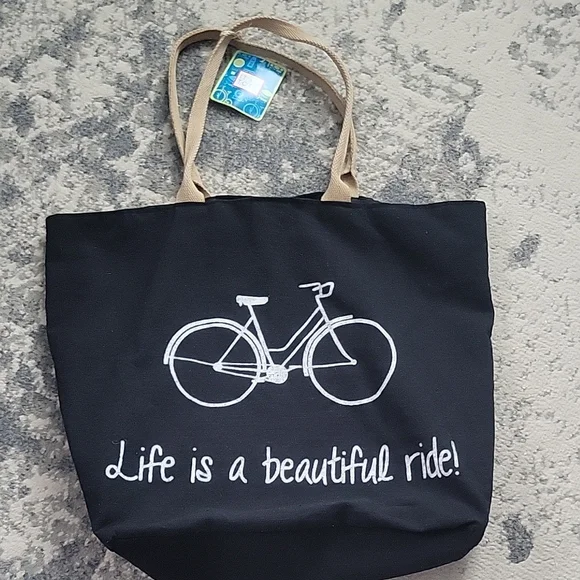 Black Canvas Tote Bag with Bicycle Print