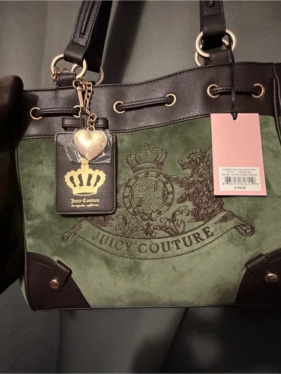 Juicy Couture Green Suede Tote Bag with Brown Trim