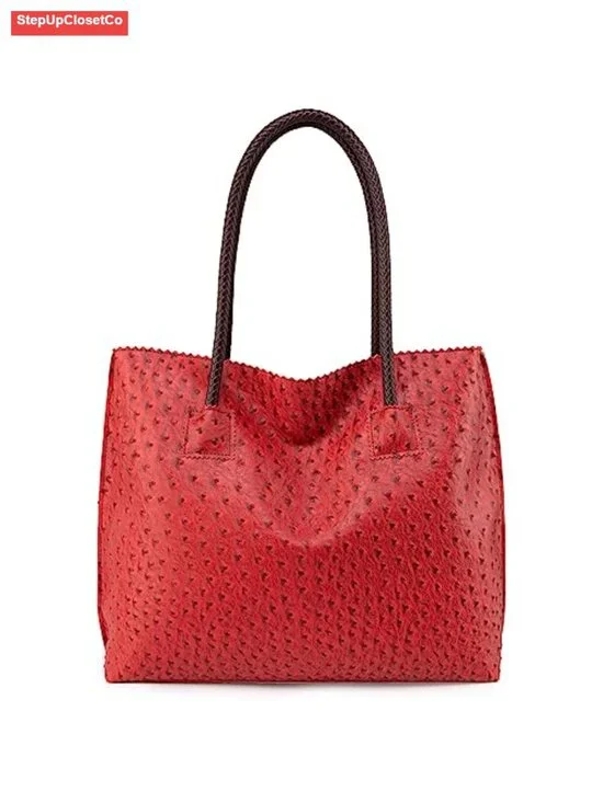 Large Ostrich Vegan Leather Tote Bag with Zipper Shoulder Purse for Women